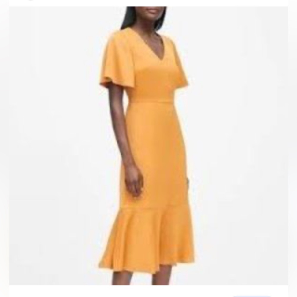 Banana Republic mustard gold flutter sleeve midi dress size 14 flounce hem